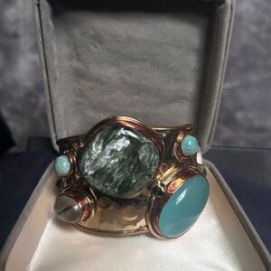 Elegant Silver, Gold and Copper w/ Green natural stones cuff bracelet